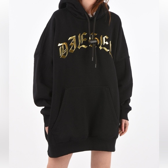 DIESEL Hooded D-OXI-A1 Sweater Dress Size Small Black With Bold Gold Logo NWT! - Picture 14 of 14